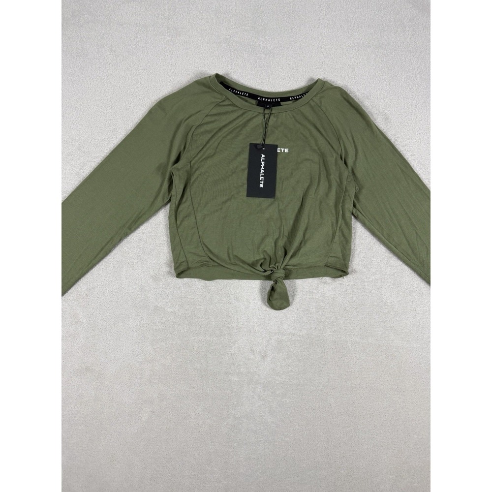 Alphalete Tie Front Crop Top Womens S Olive Green Long Sleeve Athletic - Picture 8 of 16